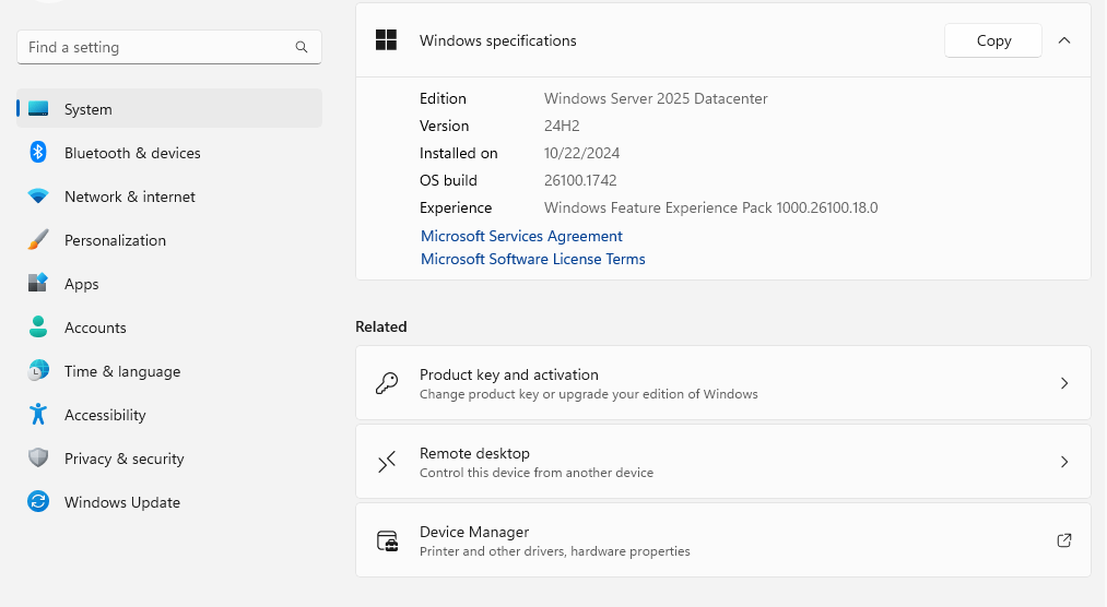 Windows Server 2025 Datacenter Edition installation screen on VPS